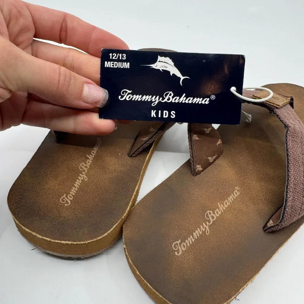 Tommy Bahama Flip Flops Sandals Kids Size Medium 12/13 Brown‎ Beach Leather NEW